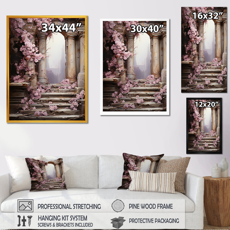 Anciennes ruines, porte vers des fleurs égales - Art mural fantastique, Toile tendue, H 40 po x l 30 po x P 1,5 po