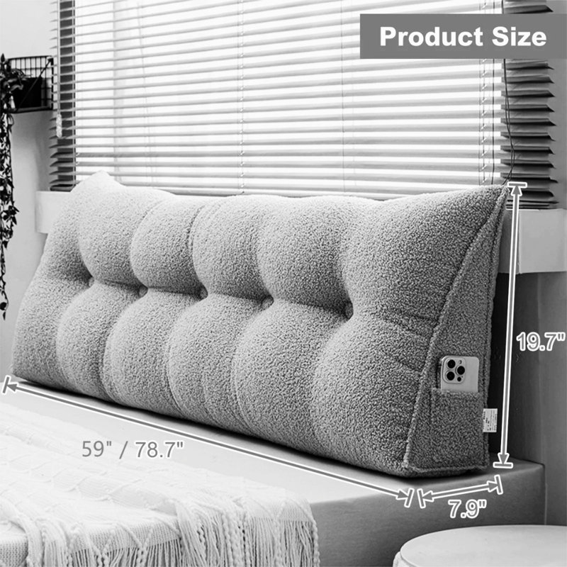 Velvet Triangular Headboard Pillow-Bed Wedge Pillow, 7.87"H x 59.06"W, Gray