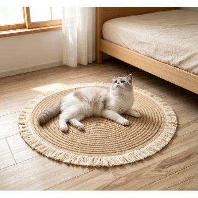 Tapis à griffer rond en corde de coton avec pampilles, coussin de couchage pour chat 2 en 1 de 39,37 po et jouet à griffer pour chats d'intérieur