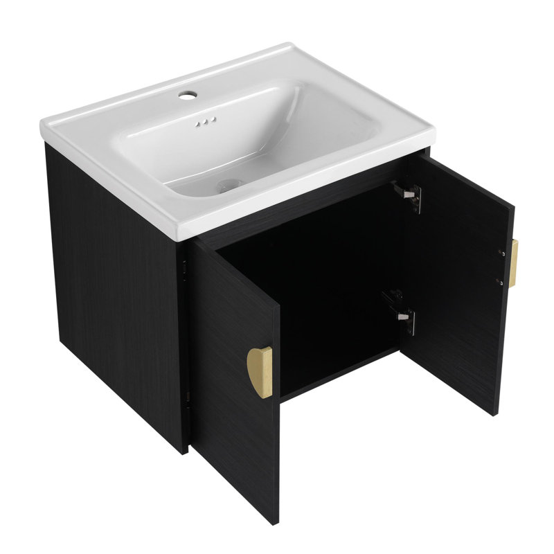 Meuble-lavabo double 59 po avec plateau en céramique Pujan, Noir
