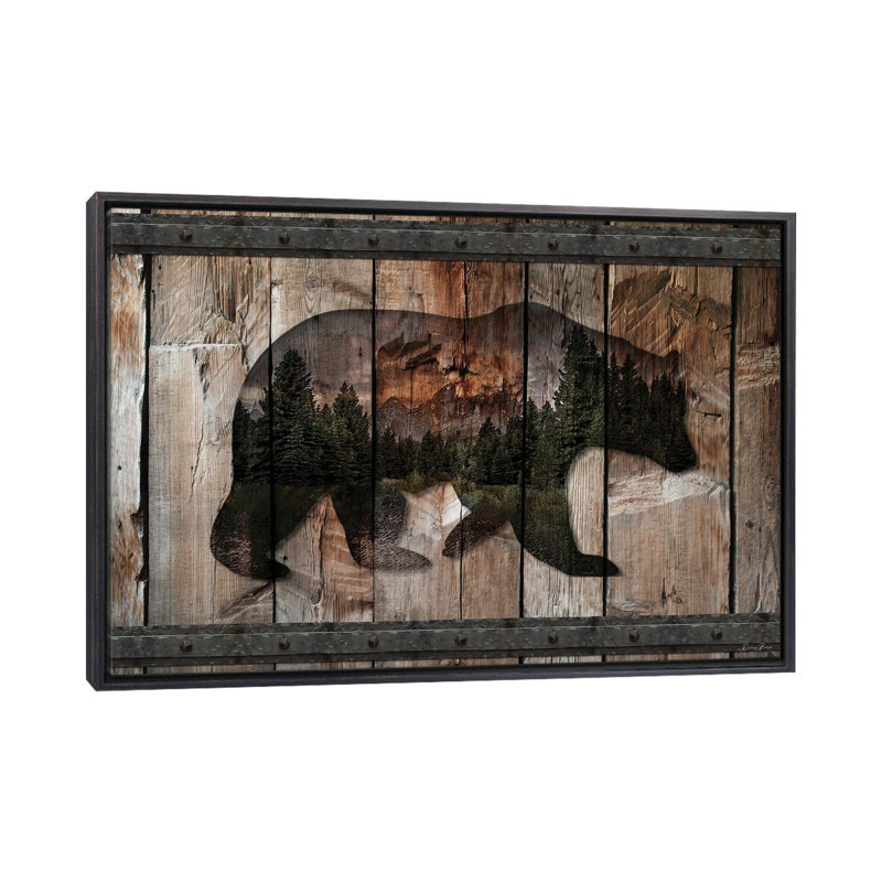 Silhouette d'ours de montagne sur toile par Denise Brown, H 26 po x l 40 po x P 1,5 po, Encadrement noir décoloré