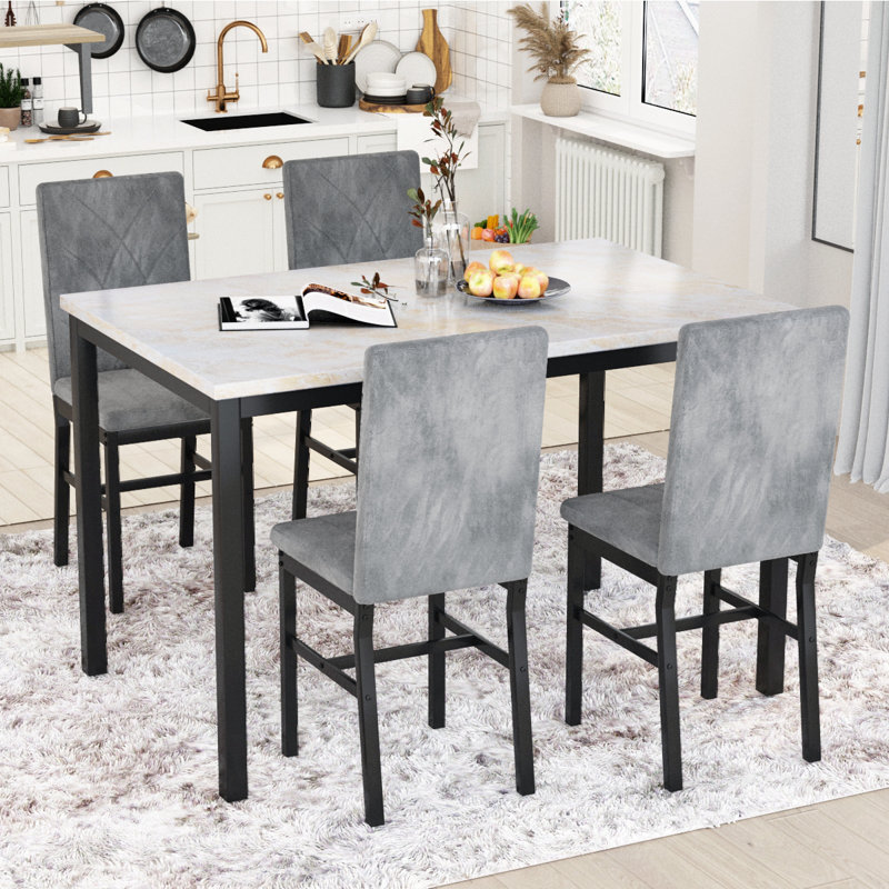 Ensemble de table de salle à manger pour 4 personnes, table de cuisine en faux marbre avec 4 chaises en velours, ensembles de cuisine et de salle à manger modernes pour salle à manger, appartement, restaurant, beige et rayures grises