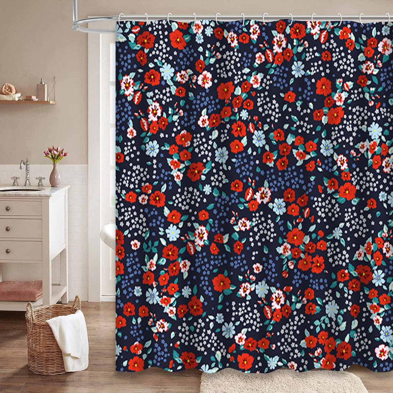 Rideau de douche imperméable à motif floral rouge et bleu avec 12 crochets, L 72 po x l 72 po