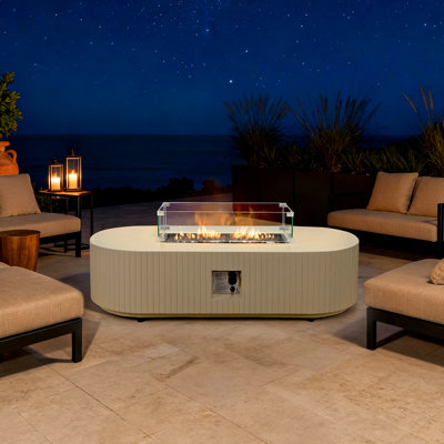 2-Piece 60" Outdoor Propane Fire Pit Table Set W Glass Wind Guard, 50,000 BTU Oval Concrete Fire Pit Coffee Table, Rain Cover for Patio, Backyard, Garden, Porch, Deck