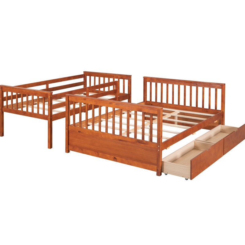 Lit superposé simple avec rangement en noyer, bois massif, Lit double, Walnut