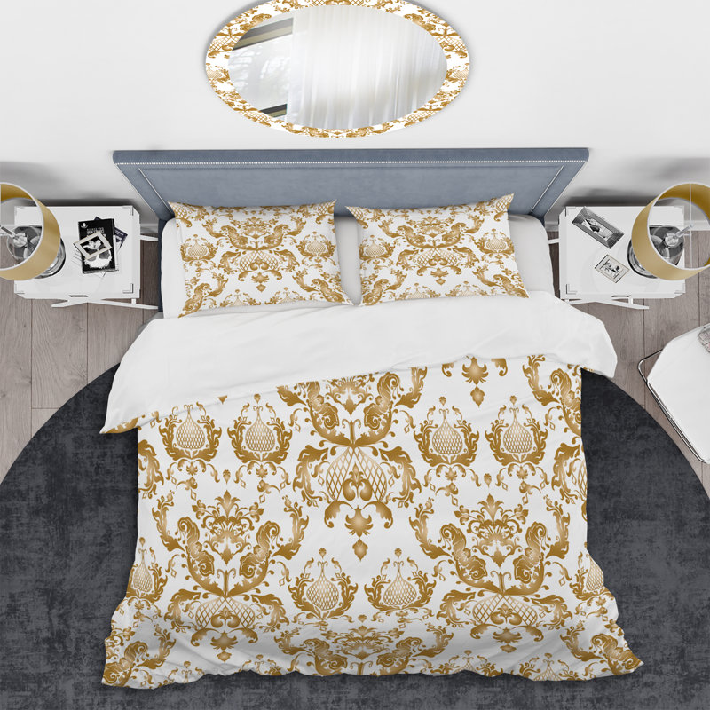 Ensemble de housse de couette à motif damas blanc et doré - Polyester microfibre