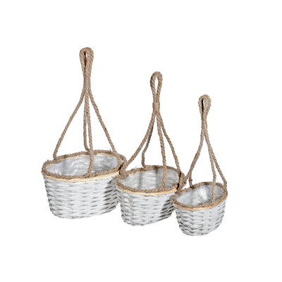 Pot à fleurs suspendu en osier blanc 3 pièces (ovale)