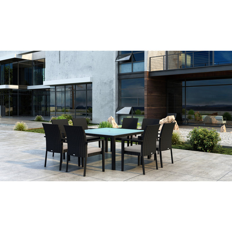 Thornaby 8 - Person Wood Patio Dining Set with Square Table, Canvas Flax Sunbrella® Canvas