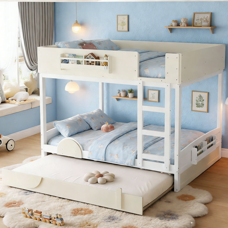 Lit superposé double au-dessus de double blanc et blanc cassé avec gigogne simple TG et échelle droite, Queen, White/Beige
