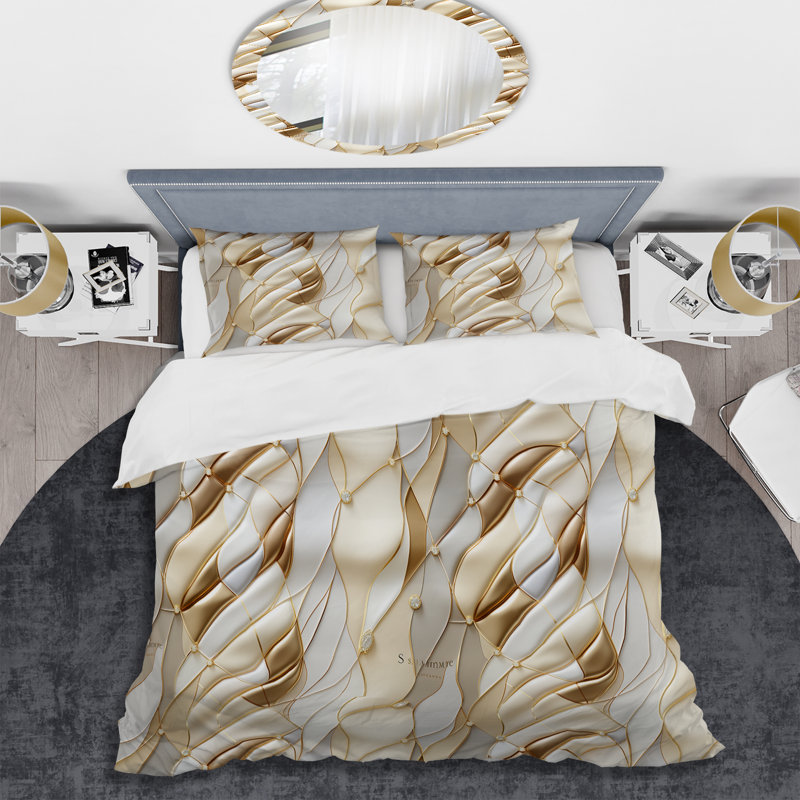 Gold And White Champagne Marble Waves I Box Stitch Marble Duvet Cover, King Duvet Cover + 2 King Shams