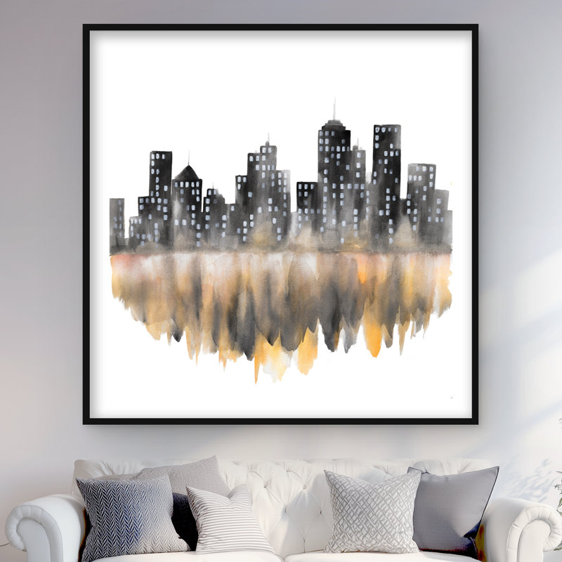 Jaune paysage urbain aquarelle - reproduction de bureau encadrée pour la décoration