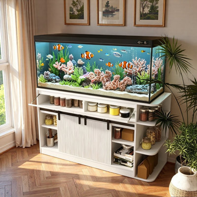 Fish Tank Stand With Led Light, Power Outlets, Sliding Fluted Doors, 2 Drawers, 2 Large Cabinets And Storage Shelves