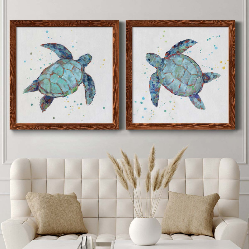 Bubble Blue Turtle I - ensemble de 2 peintures sur toile encadrées, H 35,5 po x l 71 po x P 1,5 po, Érable encadré