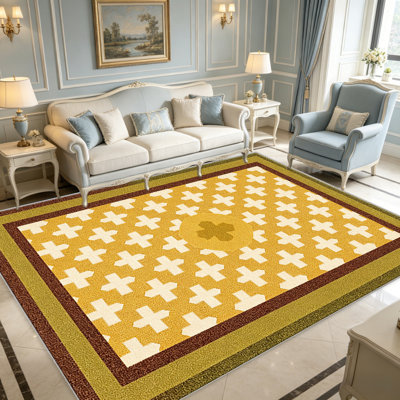 Tapis jaune moutarde à bordure jaune pour le salon, doux et confortable, convient à toutes les saisons, facile à entretenir, tapis de sol intérieur lavable à la machine, sous la table de ferme convenant à la chambre à coucher, à la salle à manger, au bureau, au patio, au balcon, à la décoration intérieure