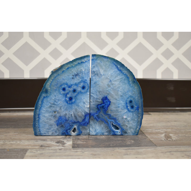 Evelynn Non-skid Blue Agate Bookends, 6.5" H x 7" W x 3" D