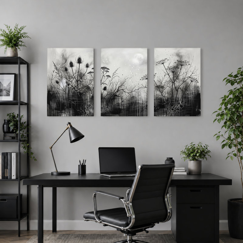«Black and White Thistle and Queen Anne's Lace», ensemble de 3 toiles murales, 18"H x 12"W x 3pcs