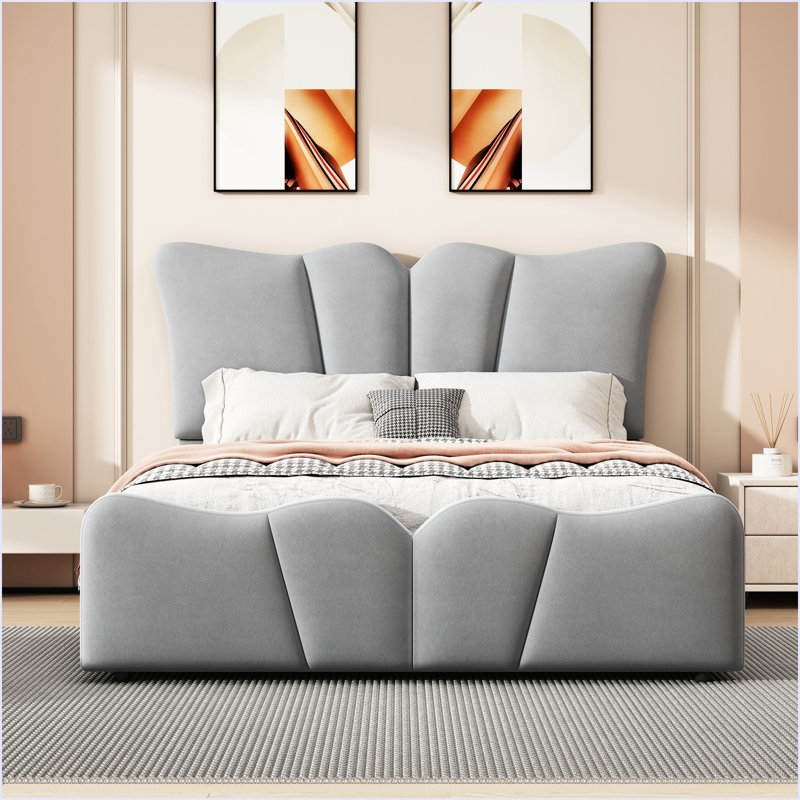 Lit plateforme tapissier en velours, Lit simple, Gris