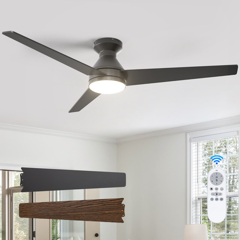 Ventilateur de plafond 52 po à 3 pales avec lumière et télécommande, montage encastré, moteur à courant continu réversible à 6 vitesses, DEL 3ct, noir