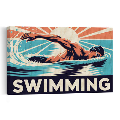 «Dynamic Swimmer Sunrise Retro Vintage Abstract Summer Landscape», reproduction d'art mural