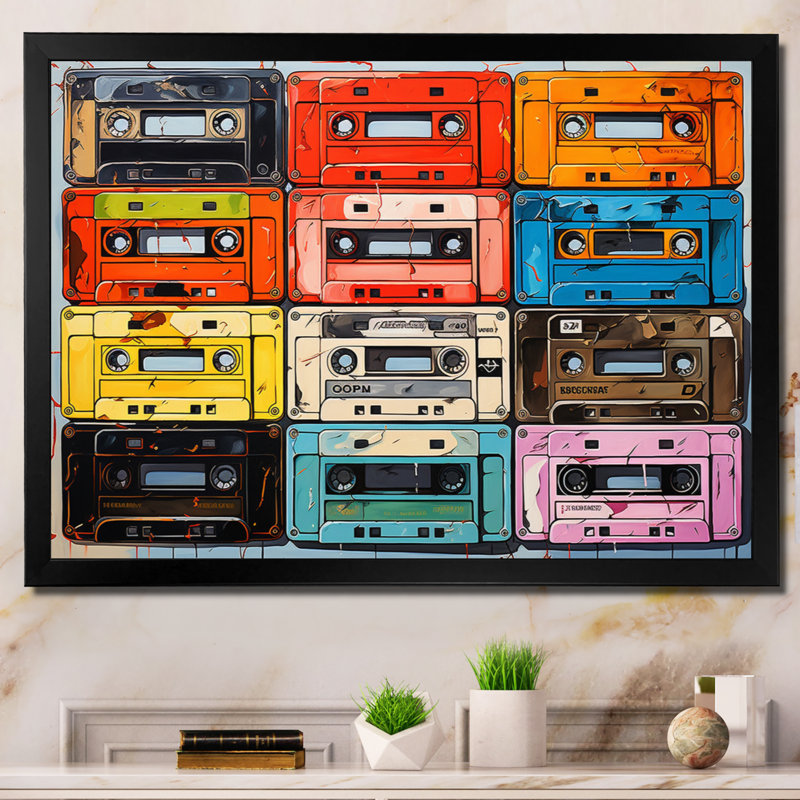 Popart Cassette Tapes II, reproduction d'art sur toile encadrée, H 34 po x l 44 po x P 1,5 po, Cadre photo noir