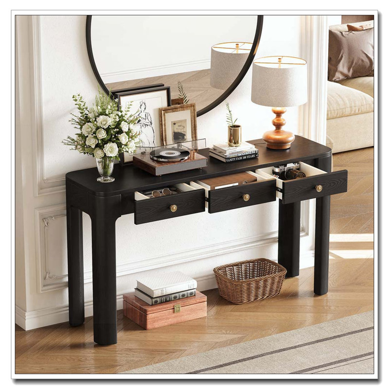 Rustic Console Table With Curved Corners For Safety, Entryway Table With 3 Concealed Drawers, Black