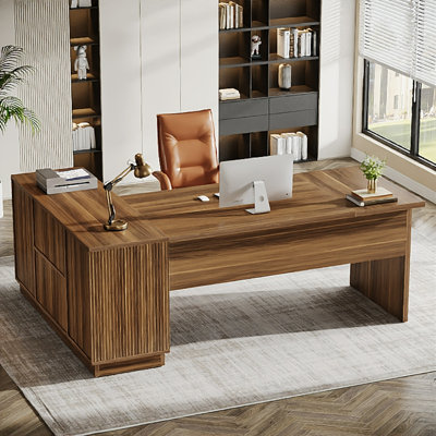 Bureau de direction de 70,8 pouces avec classeur, table d'ordinateur en L avec tablettes de rangement, noyer clair (chaises non incluses)