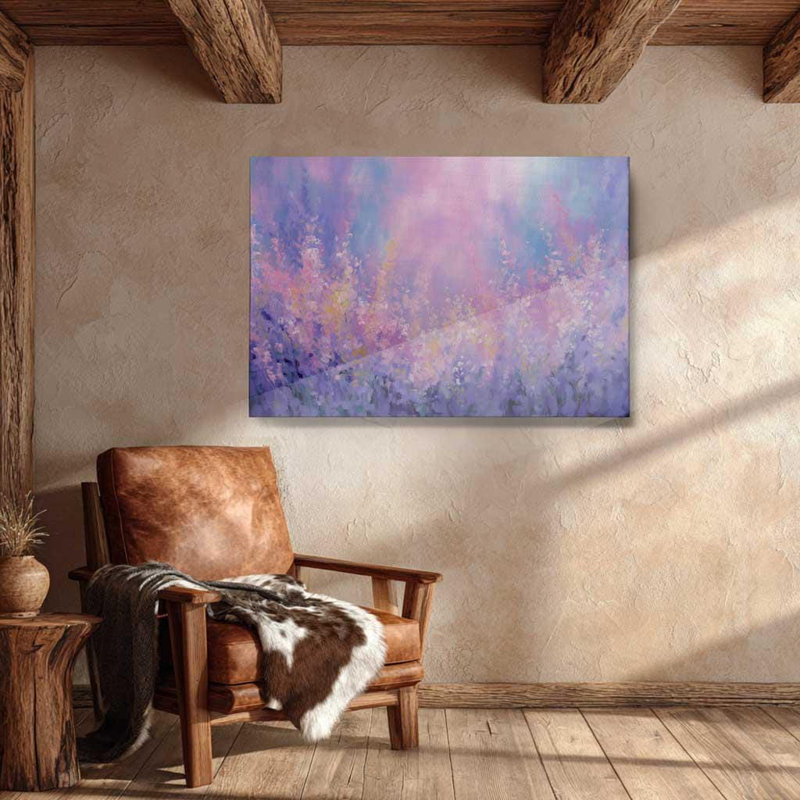 Art mural floral mauve, toile de fond lavande, reproduction de jardin lilas abstrait, peinture de fleurs sauvages pastel rêveuse - décor de printemps romantique doux