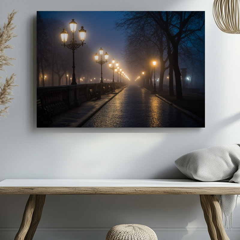 Toile, scène de rue à éclairage tamisé avec nuit, art mural, rangée de lampes de rue rétro ornées d'un doré chaleureux pour toile
