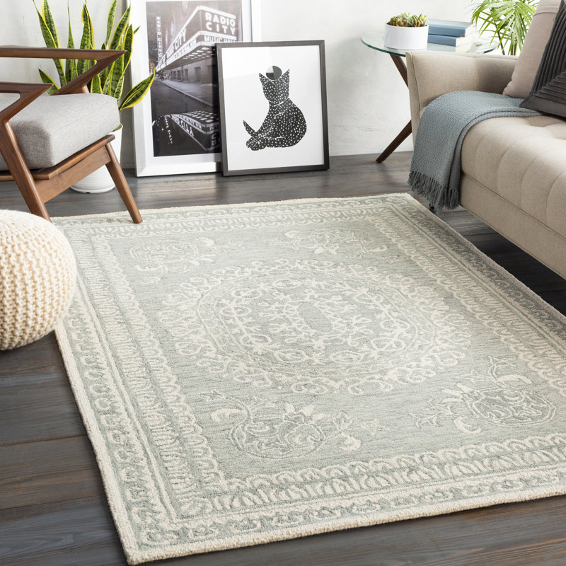 Tapis gris / ivoire en laine touffeté à la main Dichelle, Rectangle 5 pi x 7 pi 6 po