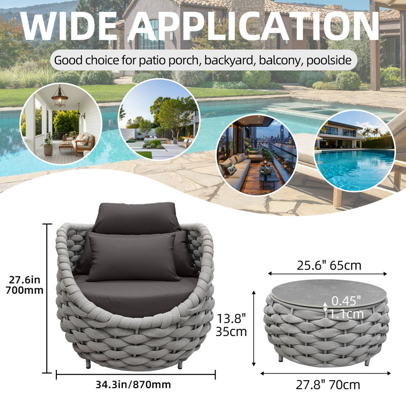 Ensemble de chaises de patio pour 2 personnes avec table basse, 3 Pcs: Table, 2 Chairs, Dark Grey, Light Grey Textilene Rope