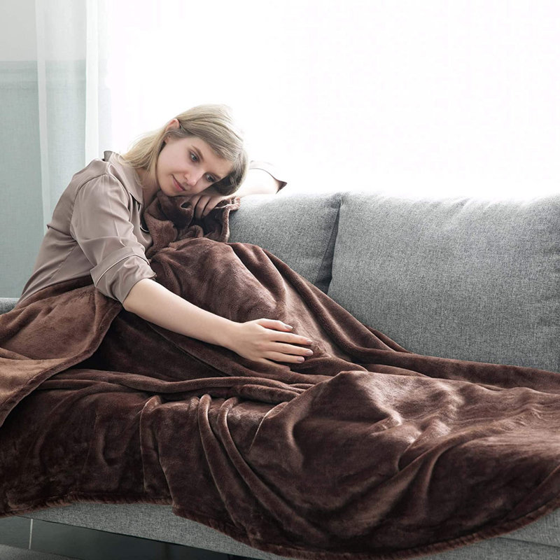 Zygi Reversible Mink Faux Plush Fur Fleece Throw/ Blanket, Coffee, 240 x 200cm