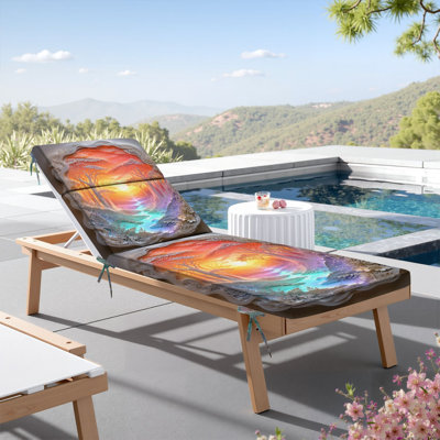 Coussin de chaise longue d'intérieur/extérieur de 72,5 po L × 21 po l × 3 po P (siège), épaisseur 3 po, motif paysage forestier coucher de soleil flamboyant, rivière, effet papier découpé, résistant à l'eau, pour siège de mobilier de patio
