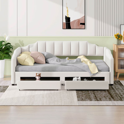 Twin XL To King Size Daybed With 2 Storage Drawers And LED, Twin XL Size Upholstered Extendable Day Bed For Samll Space by Latitude Run