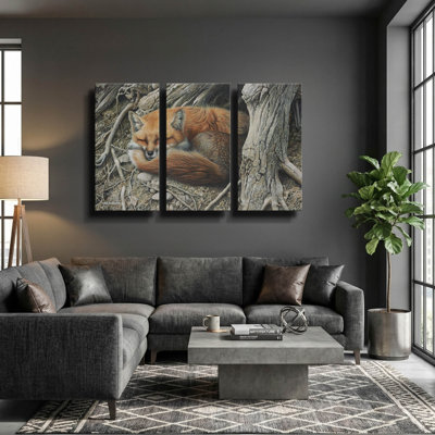 « Sleepy Hollow - Renard roux », triptyque d'art animalier de Mark Mueller, 152 x 102 cm