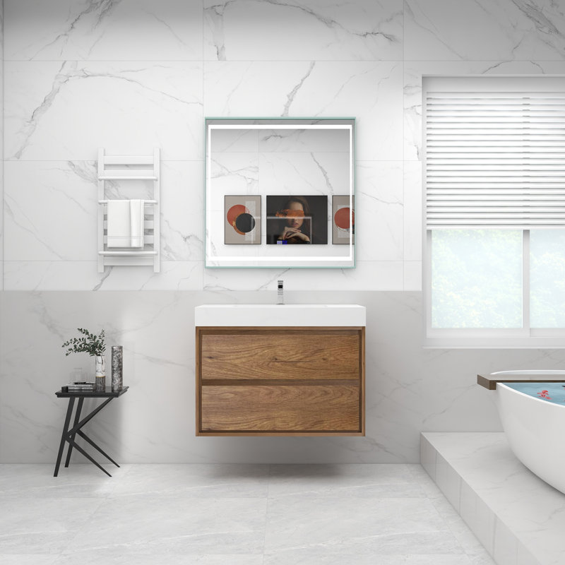 Base de meuble-lavabo mural 36 po Moreno avec plateau en acrylique renforcé Moreno, Teck chêne