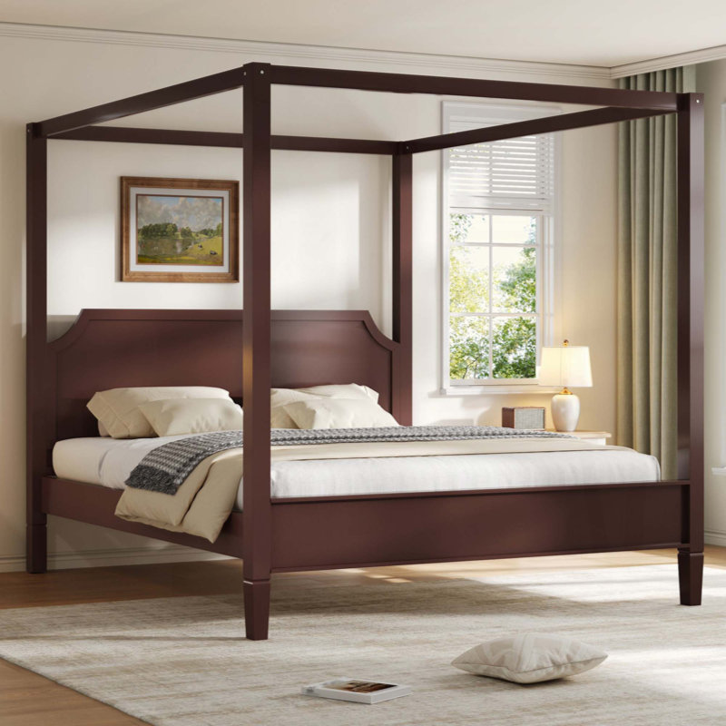 Lit plateforme à baldaquin en bois avec tête de lit et pieds de support, Noyer, Grand lit