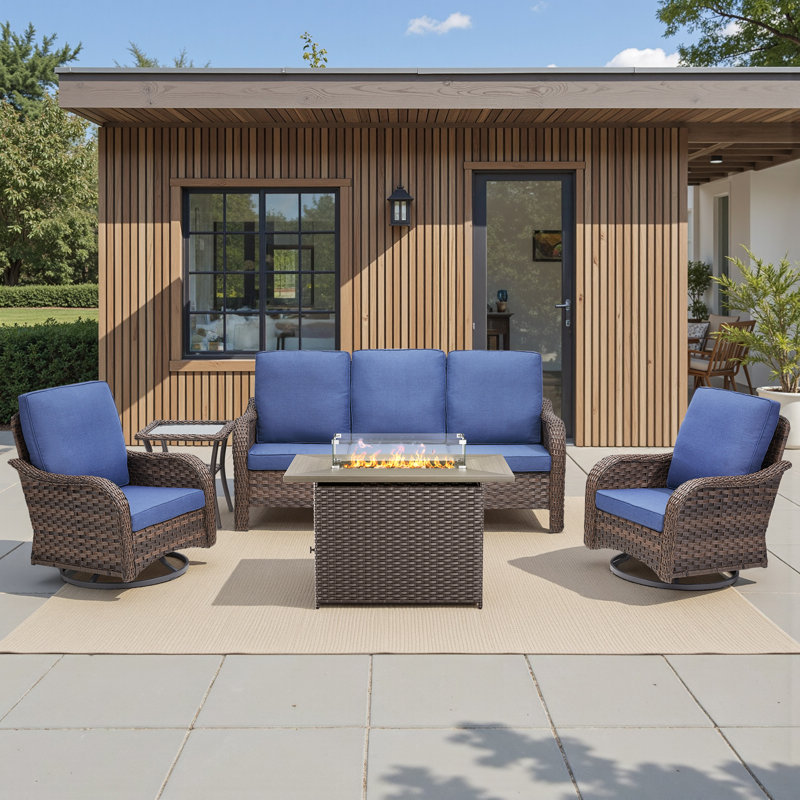 Ensemble de conversation d'extérieur en osier pour 5 personnes avec coussins confortables, Bleu