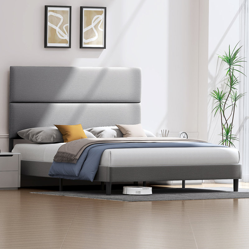 Lit plateforme tapissier Brithny, Lit simple, Gris clair