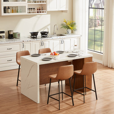 61" Kitchen Island Cart With Imitation Marble Top – Portable Workstation With Storage Shelves, Power Outlets & Adjustable LED Light
