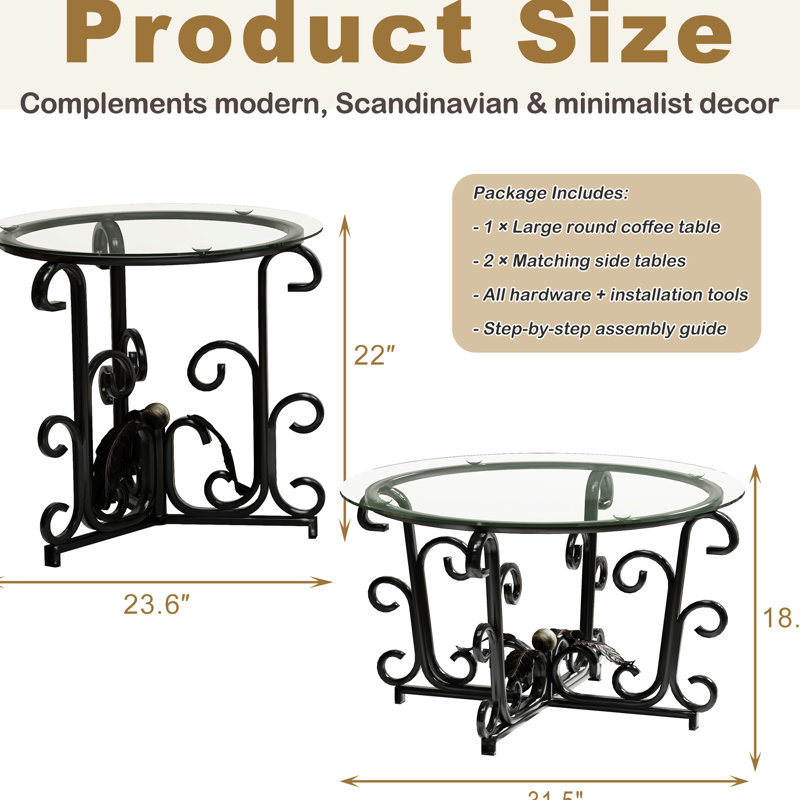 Table basse 3 pièces aux bords arrondis et lisses, facile à nettoyer et à entretenir, pieds réglables, adaptée aux sols irréguliers.