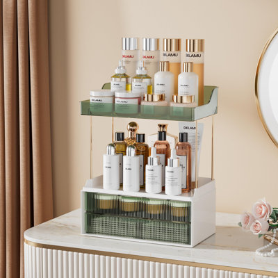 Bathroom Organizers And Storage, 2 Tier 2 Drawer Makeup Organizer Countertop, Easy To Install, Ideal For Bathroom Counter, Vanity, Ideal For Women Girls, Green