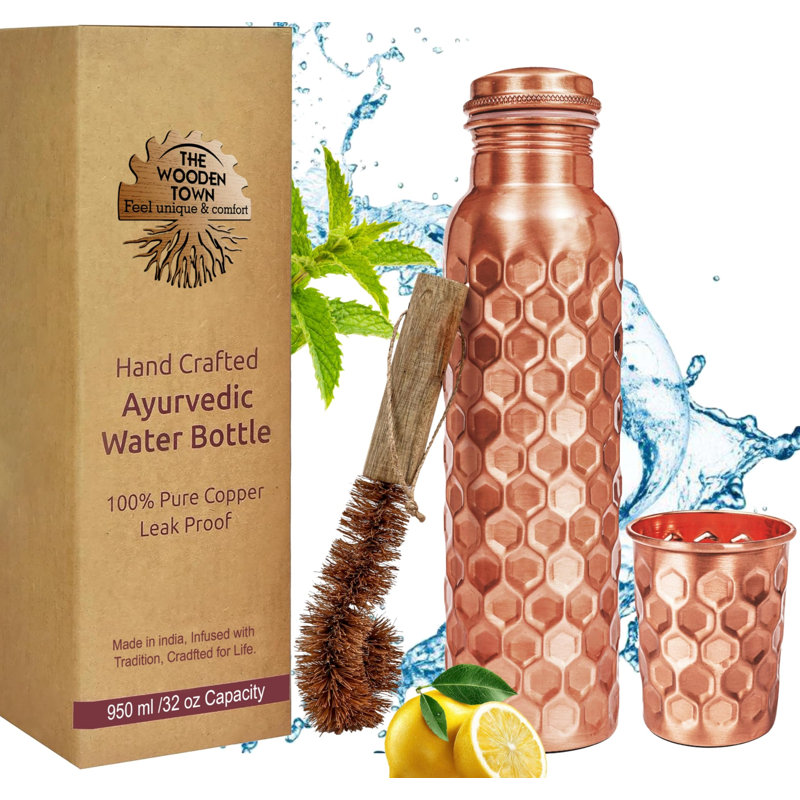 Bouteille d'eau en cuivre pur 32 oz diamant avec verre et brosse étanche