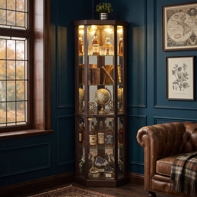 Vitrine de coin en verre avec dessus réfléchissant, Cerisier