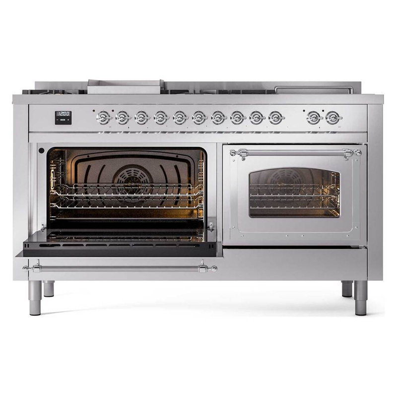 ILVE Nostalgie II Noblesse 60 in Dual Fuel Range 7 Burner, Griddle, Frenchtop, Liquid Propane, Stainless Steel/Chrome