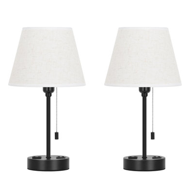 Nightstand Lamp with Dual 2.1A USB Charging Port Black Metal Desk Lamps with Linen Lampshade