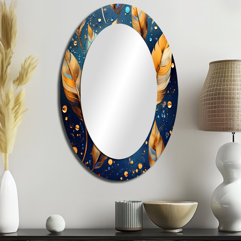 Boho Glam Gold Feathres On Cosmic Blue I - Animals Oval Decorative Mirror On Metal, 36" x 24"