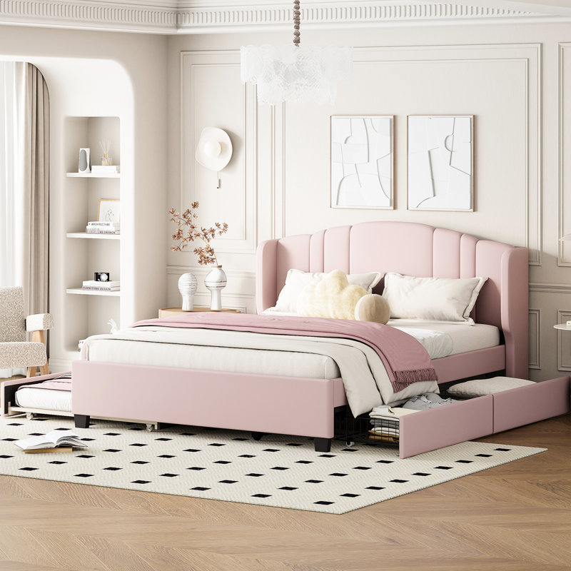Lit plateforme tapissier avec tête de lit à oreilles rose - sans sommier tapissier, 2 tiroirs et lit gigogne simple pour une décoration de chambre à coucher fonctionnelle et élégante