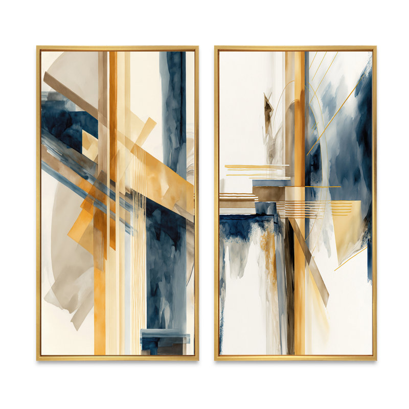 «Modern Blue and Gold Abstract», 2 pièces sur toile, H 32 po x l 32 po, Encadrement doré