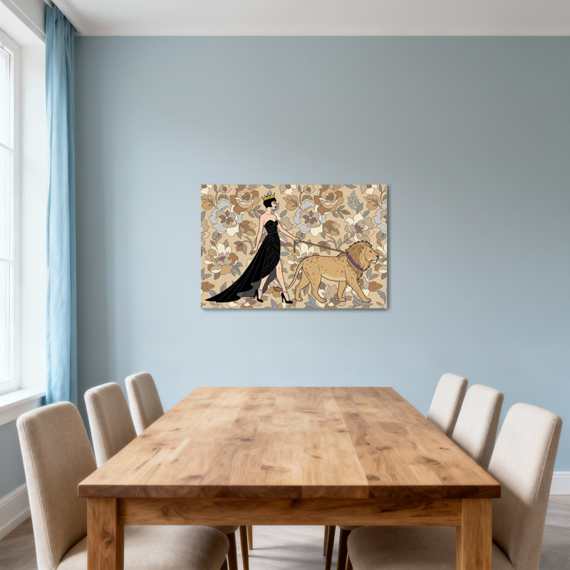 Animaux, fond floral, reine avec lion, H 12 po x l 18 po