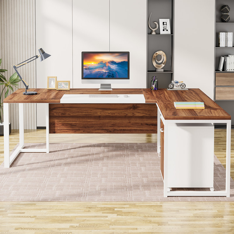 Bureau de direction en L avec armoire de rangement Trisca, Noyer/blanc